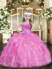 Simple Sleeveless Organza Floor Length Lace Up Little Girl Pageant Dress in Rose Pink with Beading