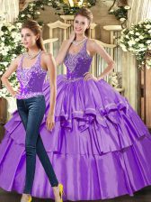  Eggplant Purple Two Pieces Straps Sleeveless Organza Floor Length Lace Up Ruffled Layers Quinceanera Gown