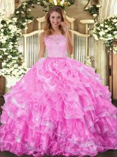 Elegant Rose Pink Scoop Neckline Lace and Ruffled Layers Quinceanera Gowns Sleeveless Clasp Handle