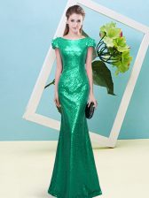 Classical Cap Sleeves Floor Length Sequins Zipper Prom Gown with Turquoise