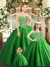Exceptional Green Ball Gowns Tulle Sweetheart Sleeveless Beading Floor Length Lace Up Quinceanera Gowns