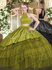 Traditional Olive Green Ball Gown Prom Dress Military Ball and Sweet 16 and Quinceanera with Beading and Embroidery and Ruffled Layers Halter Top Sleeveless Backless