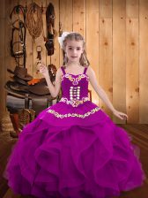 New Arrival Organza Straps Sleeveless Lace Up Embroidery and Ruffles Pageant Dress for Teens in Fuchsia