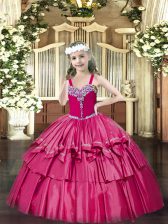  Hot Pink Pageant Dress Toddler Party and Quinceanera with Beading and Ruffled Layers Straps Sleeveless Lace Up