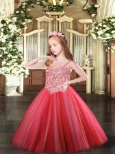  Coral Red Winning Pageant Gowns Party and Quinceanera with Appliques Spaghetti Straps Sleeveless Lace Up