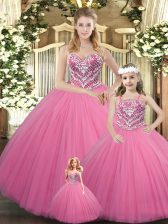 Modest Rose Pink Sleeveless Tulle Lace Up Quinceanera Gown for Military Ball and Sweet 16 and Quinceanera