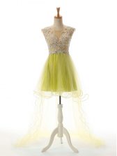  A-line Prom Dress Olive Green Scoop Tulle Sleeveless High Low Backless