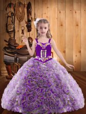  Multi-color Ball Gowns Straps Sleeveless Fabric With Rolling Flowers Floor Length Lace Up Embroidery and Ruffles Little Girls Pageant Dress