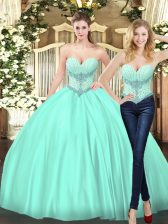 Low Price Apple Green Tulle Lace Up Quinceanera Gown Sleeveless Floor Length Beading