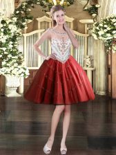  Wine Red Tulle Zipper Scoop Sleeveless Mini Length Prom Dress Beading