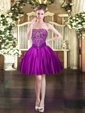 Edgy Purple Sleeveless Mini Length Beading Lace Up Prom Dresses