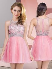 Dynamic Empire Prom Evening Gown Rose Pink Scoop Tulle Sleeveless Mini Length Zipper