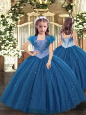 Glorious Straps Sleeveless Lace Up Little Girl Pageant Dress Blue Tulle