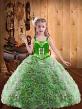 Trendy Straps Sleeveless Fabric With Rolling Flowers Glitz Pageant Dress with Headpieces Embroidery and Ruffles Lace Up