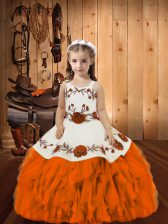  Orange Organza Lace Up Little Girl Pageant Gowns Sleeveless Floor Length Embroidery and Ruffles