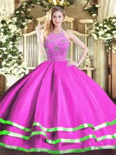 Lovely Ball Gowns 15th Birthday Dress Fuchsia Halter Top Tulle Sleeveless Floor Length Zipper
