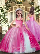  Sleeveless Tulle Floor Length Lace Up Pageant Dress for Teens in Fuchsia with Appliques