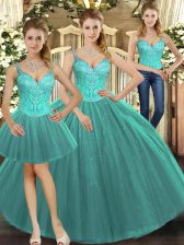  Ball Gowns Sweet 16 Dresses Turquoise Straps Tulle Sleeveless Floor Length Lace Up