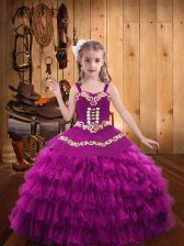  Organza Straps Sleeveless Lace Up Embroidery and Ruffled Layers Pageant Dress Wholesale in Fuchsia