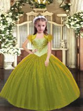  Olive Green Ball Gowns Tulle Straps Sleeveless Beading Floor Length Lace Up Little Girls Pageant Gowns