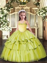 Top Selling Olive Green Lace Up Straps Appliques and Ruffled Layers Pageant Gowns For Girls Organza Sleeveless