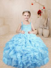  Baby Blue Little Girl Pageant Gowns Sweet 16 and Quinceanera with Beading and Ruffles Straps Sleeveless Lace Up