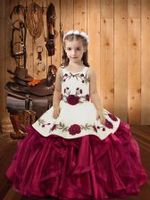  Floor Length Red Little Girls Pageant Gowns Organza Sleeveless Embroidery and Ruffles