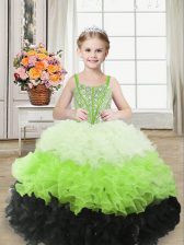 Best Multi-color Organza Zipper One Shoulder Sleeveless Floor Length Girls Pageant Dresses Beading and Ruffles