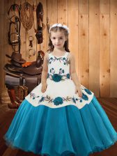 Perfect Teal Ball Gowns Embroidery Pageant Dress Wholesale Lace Up Organza Sleeveless Floor Length
