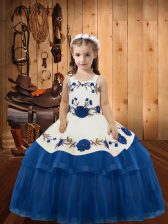  Blue Pageant Gowns Sweet 16 and Quinceanera with Embroidery and Ruffled Layers Straps Sleeveless Lace Up