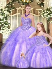  Lavender Organza Lace Up 15 Quinceanera Dress Sleeveless Floor Length Beading and Ruffles