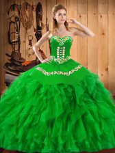 Modern Sweetheart Sleeveless Satin and Organza Sweet 16 Dresses Embroidery and Ruffles Lace Up
