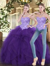 Top Selling Purple Lace Up Sweetheart Beading and Ruffles Quinceanera Dresses Tulle Sleeveless