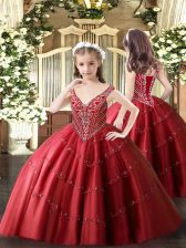 Stunning Red Sleeveless Floor Length Beading and Appliques Lace Up Girls Pageant Dresses