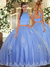  Sleeveless Floor Length Beading and Appliques Backless 15th Birthday Dress with Baby Blue