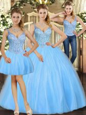  Baby Blue Three Pieces Straps Sleeveless Tulle Floor Length Lace Up Beading Sweet 16 Dress