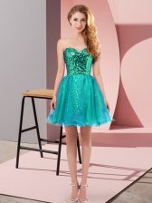  A-line Prom Gown Teal Sweetheart Tulle Sleeveless Mini Length Zipper