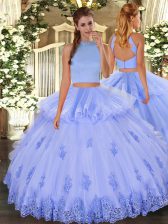 Cute Light Blue Backless Halter Top Beading and Appliques and Ruffles Ball Gown Prom Dress Tulle Sleeveless