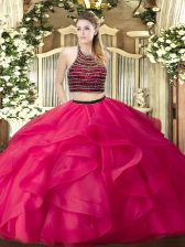  Hot Pink Sleeveless Beading and Ruffles Floor Length 15 Quinceanera Dress