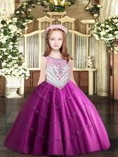 High End Fuchsia Sleeveless Beading and Appliques Floor Length Little Girls Pageant Dress