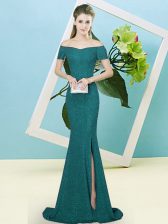 Customized Turquoise Mermaid Sequined Off The Shoulder Short Sleeves Sequins Zipper Homecoming Dress Sweep Train