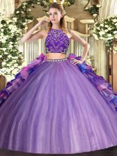  Multi-color Zipper High-neck Beading and Ruffles Quinceanera Gowns Tulle Sleeveless