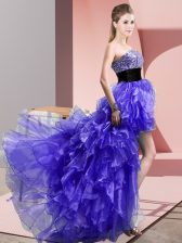 Eye-catching Purple A-line Sweetheart Sleeveless Organza High Low Lace Up Beading and Ruffles Homecoming Dress