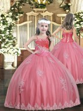 New Style Watermelon Red Straps Neckline Appliques Pageant Dress Sleeveless Lace Up