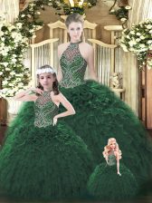 Excellent Sleeveless Floor Length Beading and Ruffles Lace Up Quinceanera Gown with Dark Green