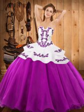  Fuchsia Satin and Organza Lace Up Quince Ball Gowns Sleeveless Floor Length Embroidery