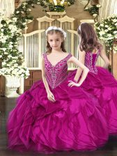  Fuchsia Sleeveless Organza Lace Up Pageant Dress for Party and Quinceanera