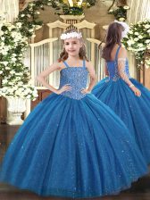 Beautiful Blue Lace Up Little Girls Pageant Gowns Beading Sleeveless Floor Length