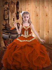  Rust Red Straps Neckline Embroidery and Ruffles Little Girls Pageant Gowns Sleeveless Lace Up