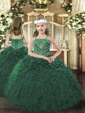  Dark Green Organza Lace Up Kids Formal Wear Sleeveless Floor Length Beading and Ruffles